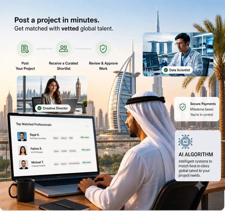 Post a project in minutes and get matched with vetted global talent